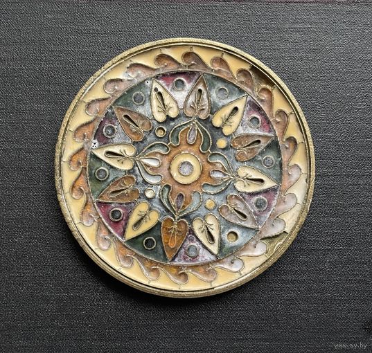 Византийская мозаика тарелка-подставка / винтаж декор / эмаль на латуни / Диаметр: 8,7 см.