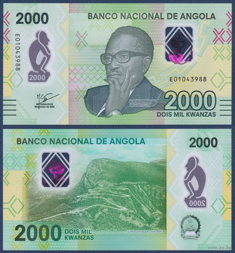 Ангола, 2000 кванза 2023 г., P-W163 (E, полимер, президент Антонио Нето, горный массив Серра-да-Леба), UNC