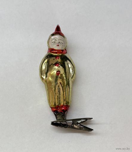 Ёлочная игрушка-прищепка МАЛЬЧИК в костюме клоуна СССР Амальгама
