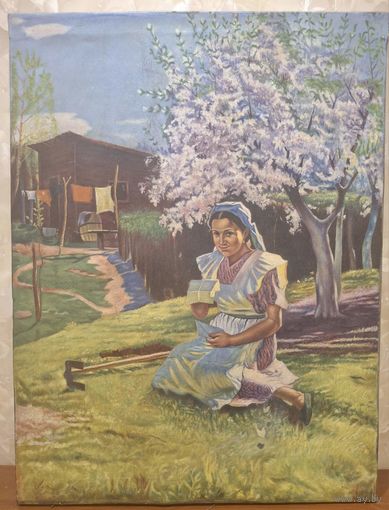 Картина . "Девочка в саду", СССР .соцреализм.