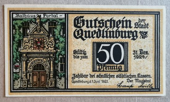 Германия 50 пфеннигов 1921 г Кведлинбург (Quedlinburg) 1087.2-2/4, UNC, не частая