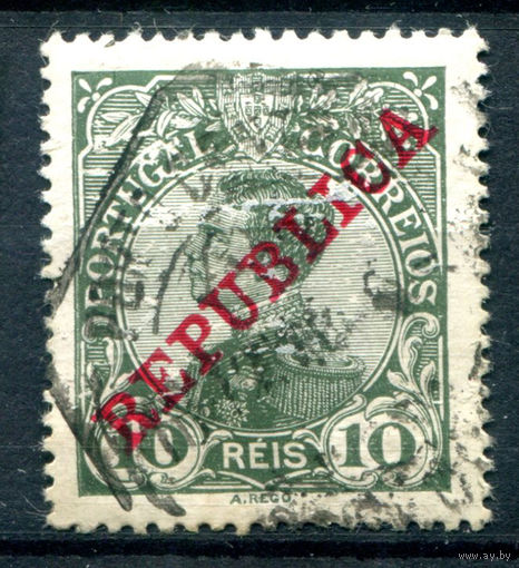 Португалия - 1910г. - Король Мануэл II, надпечатка Republica, 10 R - 1 марка - гашёная [Mi 170]. #1-Po-9-A-1