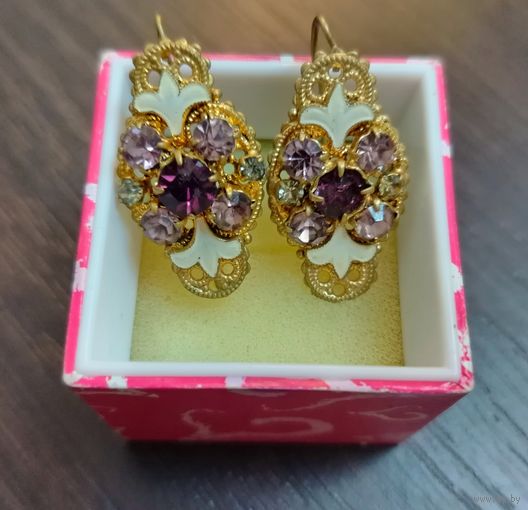 Винтажные  серьги с филигранью эмалью и кристаллами чехословацкая бижутерия времен СССР