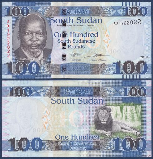 Южный Судан, 100 фунтов 2019 г, P-15 (AX, Джон Гаранг де Мабиор, лев, водопад), UNC