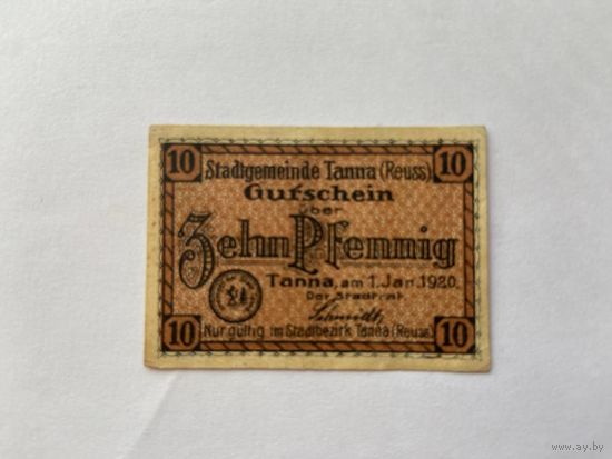 Нотгельд 10 пфеннигов Танна. Веймарская республика - 1602