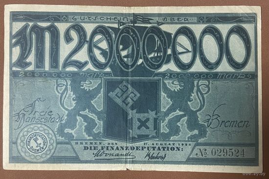 Банкнота 2 миллиона марок 1923 год. Бремен. Веймарская республика