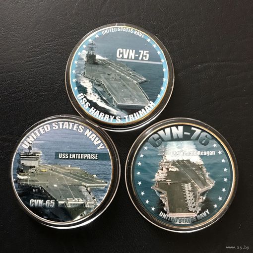 Сувенирные монеты "АВИАНОСЦЫ США" ПОЗОЛОТА+ЦВЕТНАЯ ЭМАЛЬ (3 МОНЕТЫ) Диаметр 40мм