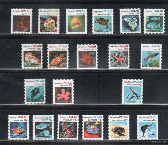 Палау-1983-1986 (Мих.9-19,59-60,74-79,105) , ** , Морская фауна, Рыбы, Раковины , Черепахи, все 20 марок)