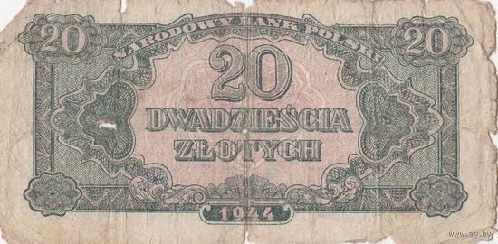 Оригинальная банкнота 20 злотых 1944 года. Польша
