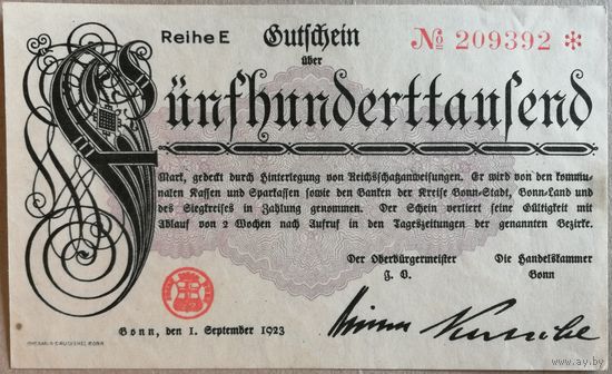 Германия 500000 пятьсот тысяч марок 1923 г Бонн (Bonn), В/З, aUNC, 521g