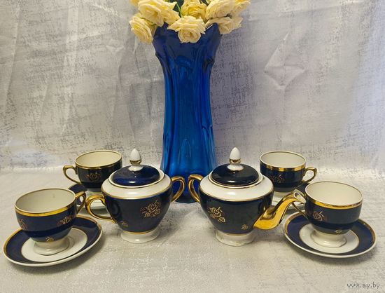 Сервиз "Калинка" Довбыш 60 - е г.Кобальт, позолота, ручная роспись.