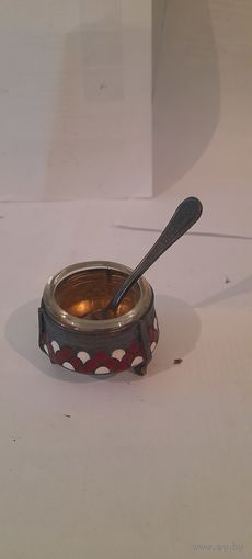 СОЛОНКА С ЛОЖЕЧКОЙ,МЕЛЬХИОР,ЭМАЛИ. ВРЕМЕН СССР