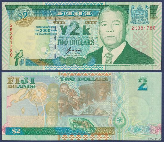 Фиджи, 2 доллара 2000 г, P-102 (2K, памятная - Миллениум, президент Рату Сэр Пенаиа Канатамбату Нганилау), UNC