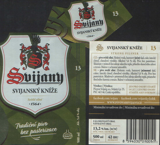 Пивная этикетка. Svijany - Чехия