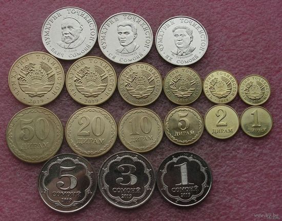 Таджикистан. набор 9 монет 1, 2, 5, 10, 20, 50 дирам 1, 3, 5 сомони 2019 года