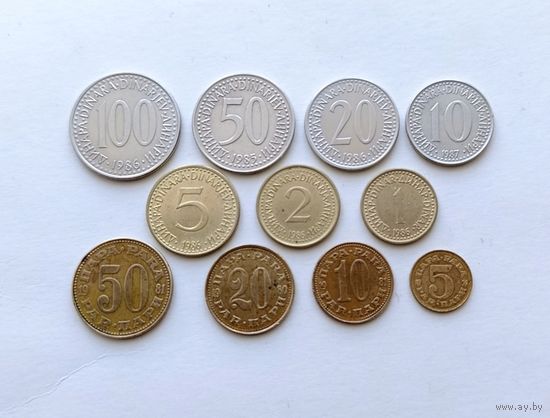 Набор монет Югославии 100 динаров 1986, 50 динаров 1985, 20 динаров 1986, 10 динаров 1987, 5 динаров 1986, 2 динара 1986, 1 динар 1986, 50 пара 1981, 20 пара 1980, 10 пара 1981, 5 пара 1979 годов