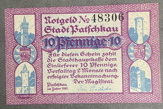 Нотгельд ПАТЧКАУ 10 пфеннигов 1921 год. Веймарская республика