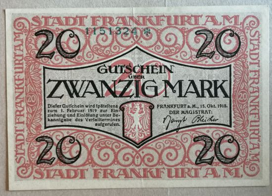 Германия 20 марок 1918 г Франкфурт-на-Майне, В3:150.06а, В/З, XF+, печать - красная. # *