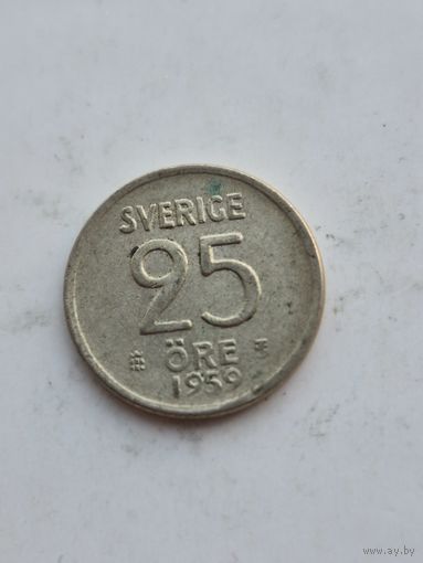 25 эре 1959 года Швеция. Серебро 400. Монета не чищена. 45406