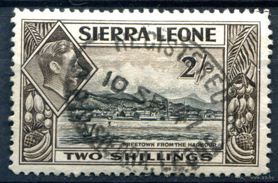 Британские колонии - Сьерра-Леоне - 1938г. - ландшафты, король Георг VI, 2 Sh - 1 марка - гашёная [Mi 163]. #4-B5-126-A-1