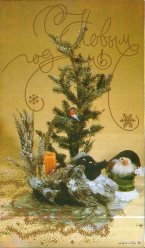 Чистая двойная открытка 1989г. "С Новым годом! Композиция с гномом и котом" фото В. Левицкий