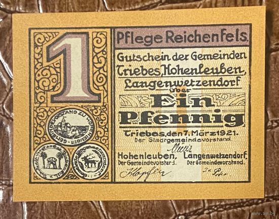 Нодгельд 1 пфенниг 1921 год. Трибес, Хоэнлойбен, Лангенветцендорф. Веймарская республика