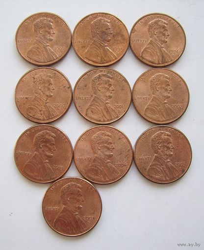 США  1цент  1993-2007г.г.  (погодовка - 10шт.)  буква "D".