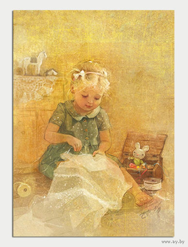 Открытка. Рукоделия. Швея. Шитье. Дети. Девочка. Художник Ек. Бабок (чистая)