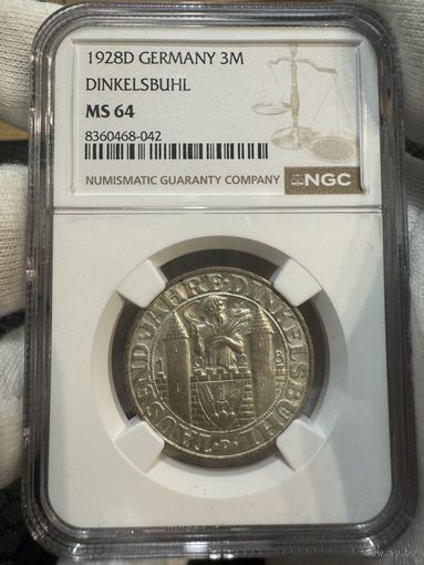 Германия 3 марки 1928 Динкельсбюль слаб NGC MS64
