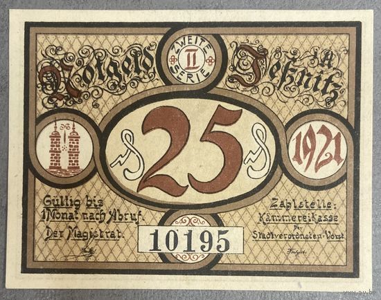 Нотгельд 25 пфеннигов 1921 год. Йесниц,. Веймарская республика