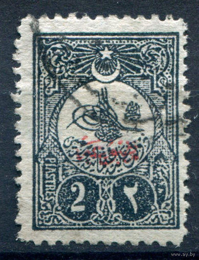 Османская Империя (Турция) - 1908г. - тугра Абдул Хамида II, надпечатка, перф. 12, 2 Pia - 1 марка - гашёная [Mi 148 С]. #4-W2-126-A-1