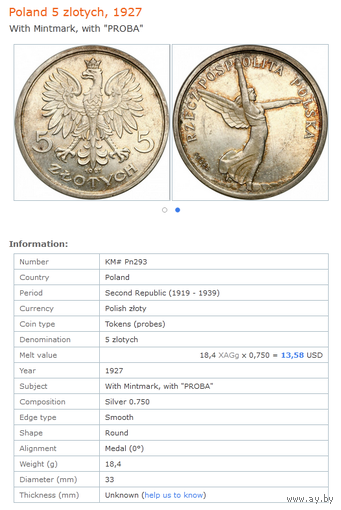 КОПИЯ монеты пробника Ника 5 злотых 1927 Польша Proba ( токен )