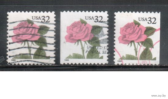 США-1995 (Мих.2571 BA+BD) , гаш. , Стандарт, Цветы, Роза ,(одиночка), 3 зубцовки