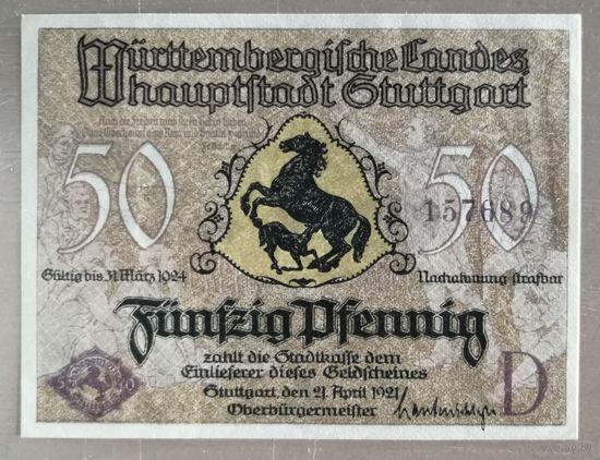 Германия, нотгельды, 50 пфеннигов 1921 год, Штутгарт, 1289.1а, Литера - D.