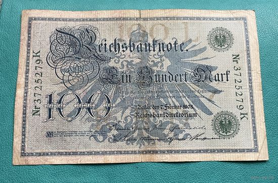 Германия 100 марок 1908 год / номер зелёный L 3725279 K