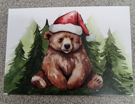 Открытка Мишка в новогоднем колпаке на фоне елок. Новый год. Чистая