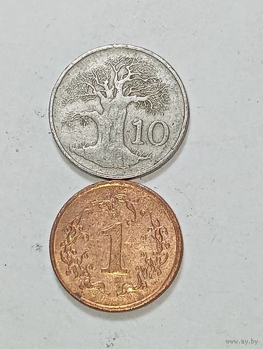 Зимбабве 10 центов 1980 и 1 цент 1995 года .