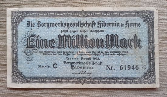 Werty71 Германия Веймар 1000000 марок 1923 банкнота 1 миллион гроссгельд горнодобывающая компания Hiberna в Херне