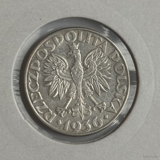 2 злотых 1936 с блеском. Польша. Серебро. Стоящая.