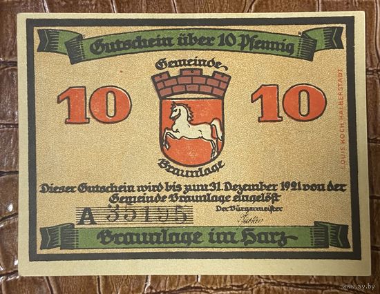 Нотгельд 10 пфеннигов 1921 год. Браунлаг. Веймарская республика