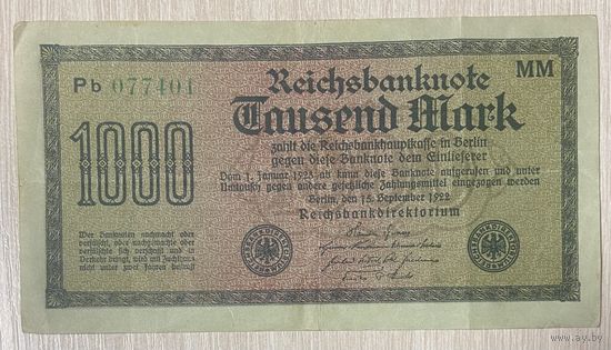 Банкнота 1000 марок 1922 год. Веймарская республика. С рубля без МЦ.