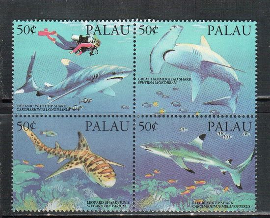 Палау-1993 (Мих.614-617) , ** , Морская фауна, Акулы (полная серия)