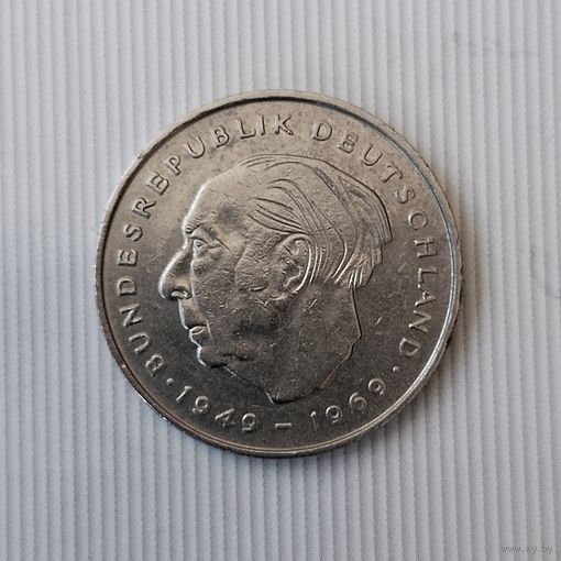 2 марки 1974 года (G) Германия. Федеративная республика (ФРГ). Конрад Аденауэр. 20 лет ФРГ.