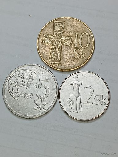Словакия 10 крон 1994 , 5 крон 1994 и 2 кроны 2007 года .