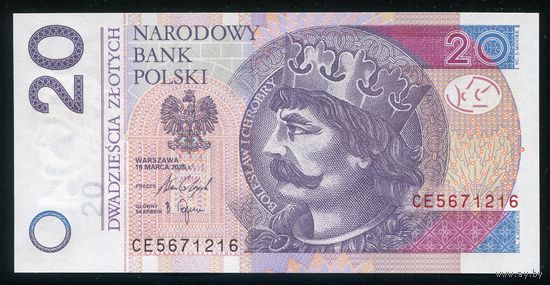 Польша 20 злотых 2025 г. P184c. Серия CE. UNC