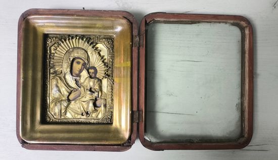 Икона Божией Матери Казанская, Оклад, Киот, Письмо 19 век!