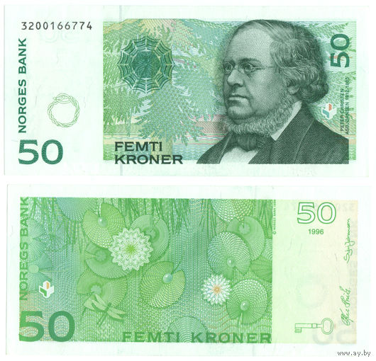 НОРВЕГИЯ 50 Крон 1996 г., P-46a (Петер Кристен Асбьёрнсен - норвежский писатель и учёный) UNC