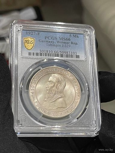 Германия, Веймар 5 марок 1927 Тюбинген в слабе PCGS MS66