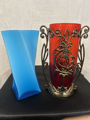 Конфетницы Вазы Пепельницы Хрусталь Цветное Стекло Богемия Чехия Европа СССР Винтаж Квадратная голубая ваза Ведерко паутинка с ручкой металлической Японская цветок матовый рельефный