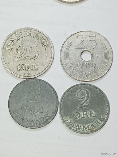 Дания 25 эре 1949,1973 и 2 эре 1954,1957 года.